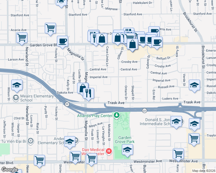 map of restaurants, bars, coffee shops, grocery stores, and more near 13401 Mickey Street in Garden Grove