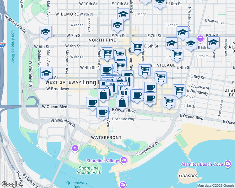 map of restaurants, bars, coffee shops, grocery stores, and more near 215 East 1st Street in Long Beach