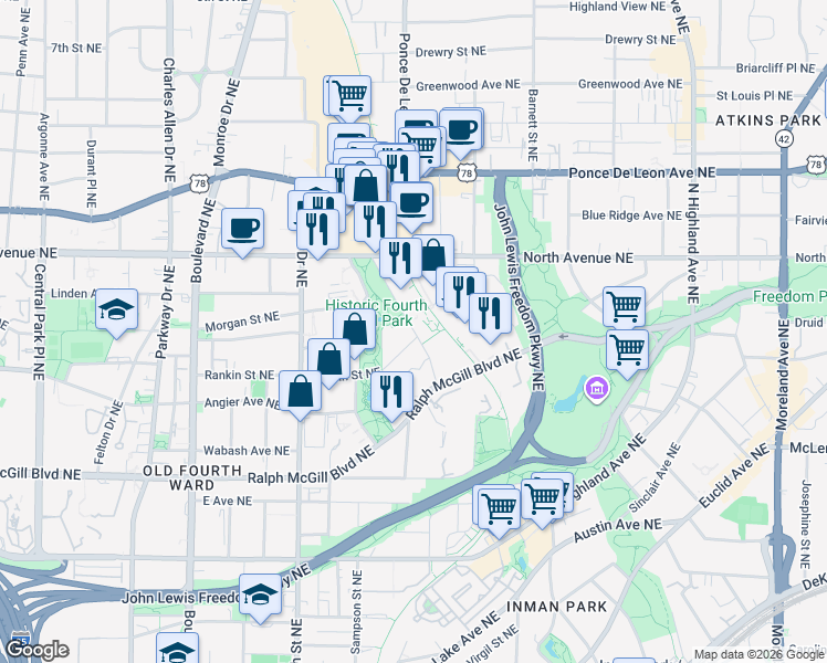 map of restaurants, bars, coffee shops, grocery stores, and more near 385 North Angier Avenue Northeast in Atlanta