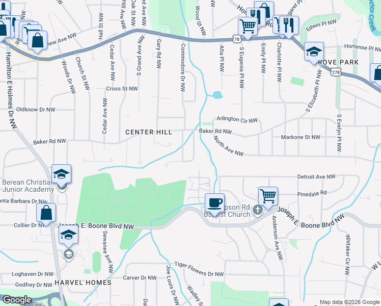 map of restaurants, bars, coffee shops, grocery stores, and more near 445 Baker Circle Northwest in Atlanta
