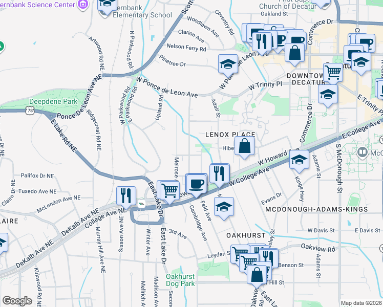 map of restaurants, bars, coffee shops, grocery stores, and more near 301 Drexel Avenue in Decatur
