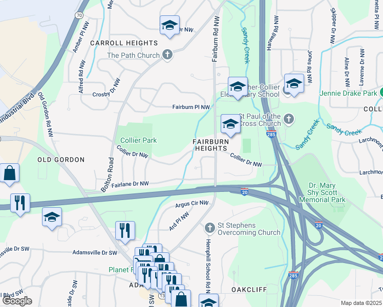 map of restaurants, bars, coffee shops, grocery stores, and more near 3512 Collier Drive Northwest in Atlanta