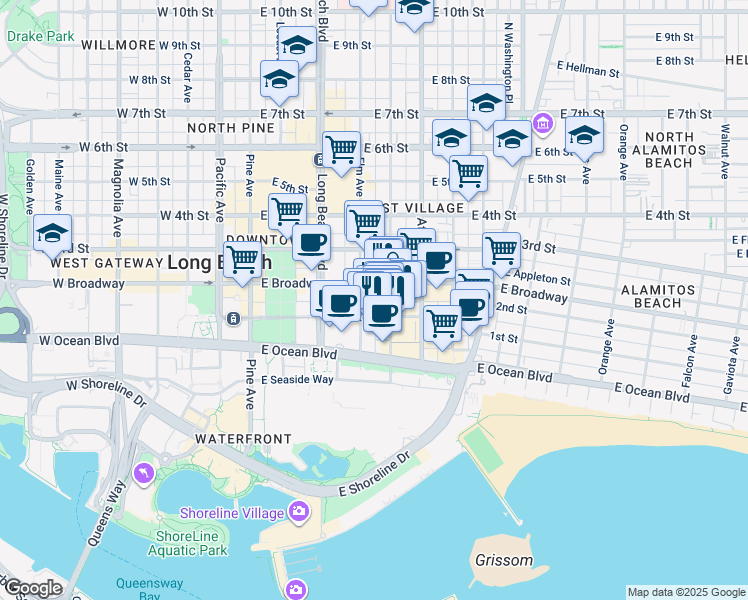 map of restaurants, bars, coffee shops, grocery stores, and more near 128 Elm Avenue in Long Beach