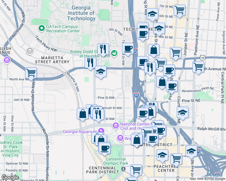 map of restaurants, bars, coffee shops, grocery stores, and more near Merritts Ave NW & Center St NW in Atlanta