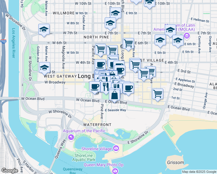 map of restaurants, bars, coffee shops, grocery stores, and more near 133 The Promenade North in Long Beach