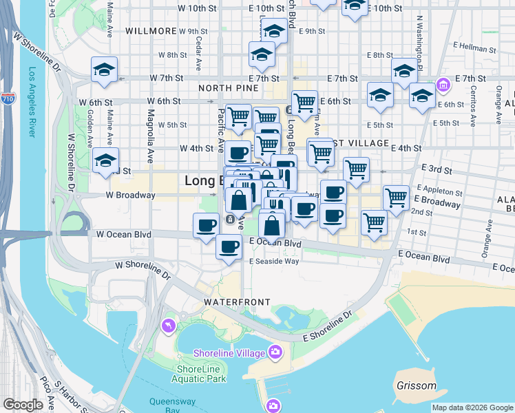 map of restaurants, bars, coffee shops, grocery stores, and more near 133 The Promenade North in Long Beach