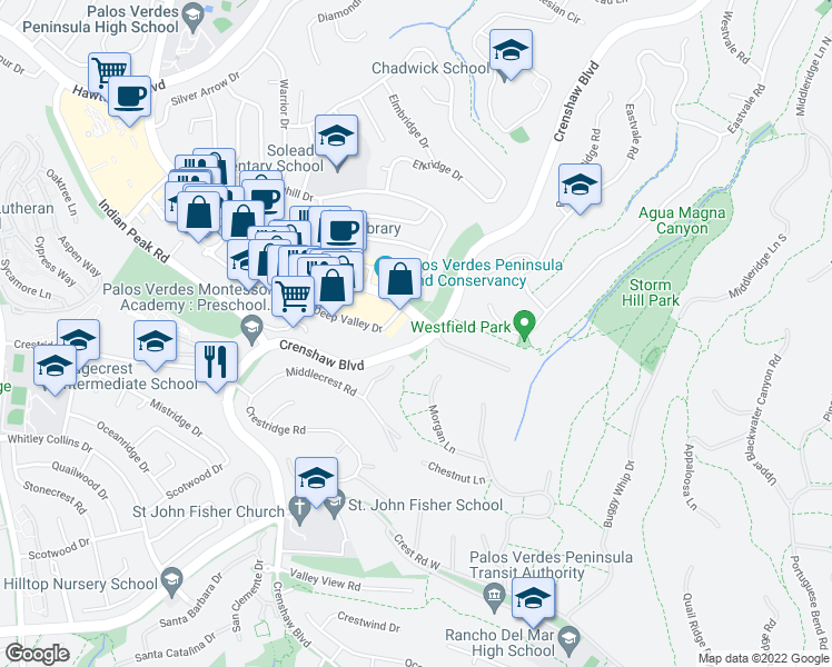 map of restaurants, bars, coffee shops, grocery stores, and more near 993 Silver Spur Road in Rolling Hills Estates