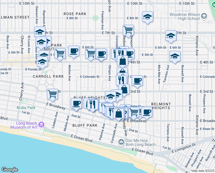 map of restaurants, bars, coffee shops, grocery stores, and more near 315 Obispo Avenue in Long Beach