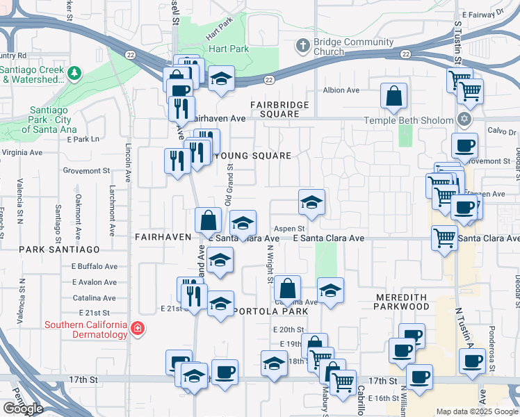map of restaurants, bars, coffee shops, grocery stores, and more near 2318 North Wright Street in Santa Ana