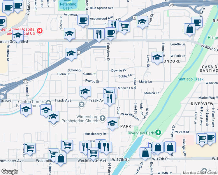 map of restaurants, bars, coffee shops, grocery stores, and more near 12951 Fairview Street in Garden Grove