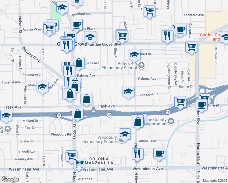 map of restaurants, bars, coffee shops, grocery stores, and more near 13392 Nina Place in Garden Grove