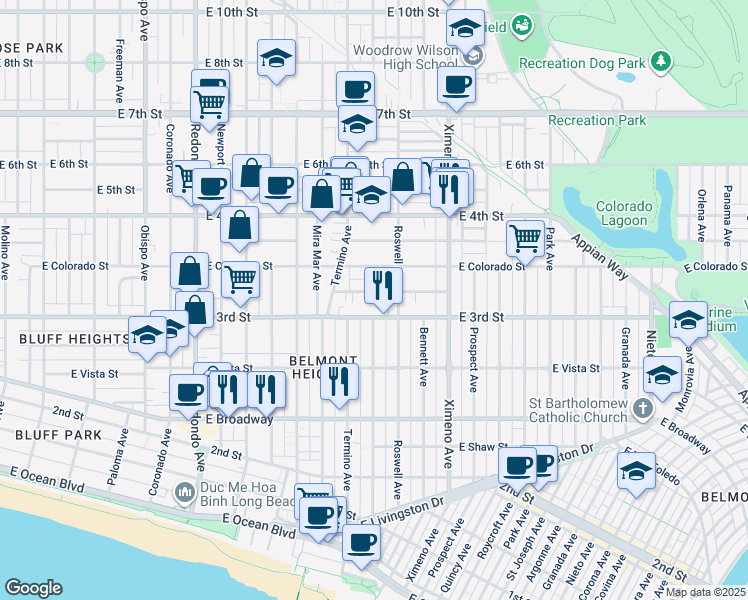 map of restaurants, bars, coffee shops, grocery stores, and more near 4100 East 3rd Street in Long Beach