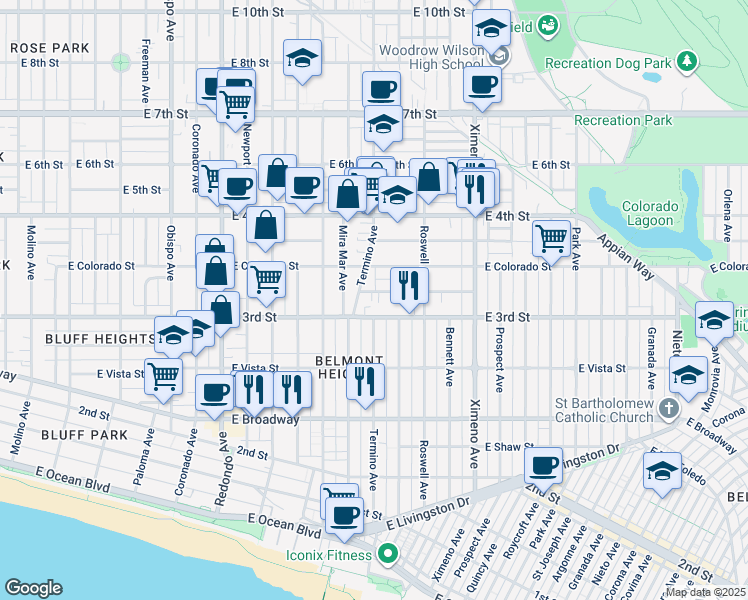 map of restaurants, bars, coffee shops, grocery stores, and more near 3951 East 3rd Street in Long Beach