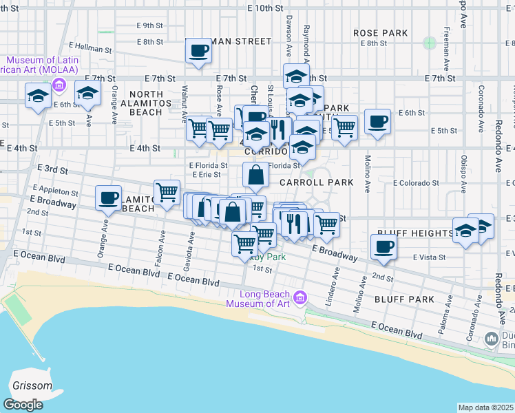 map of restaurants, bars, coffee shops, grocery stores, and more near 2027 East Appleton Street in Long Beach
