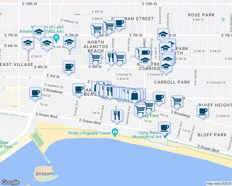 map of restaurants, bars, coffee shops, grocery stores, and more near 1629 East Broadway in Long Beach