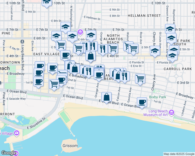 map of restaurants, bars, coffee shops, grocery stores, and more near 1149 2nd Street in Long Beach