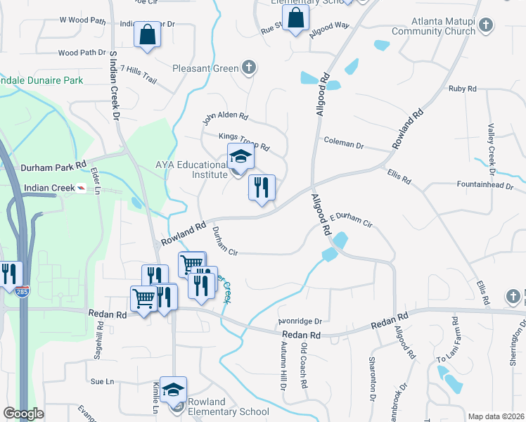 map of restaurants, bars, coffee shops, grocery stores, and more near 1099 Rowland Road in Stone Mountain