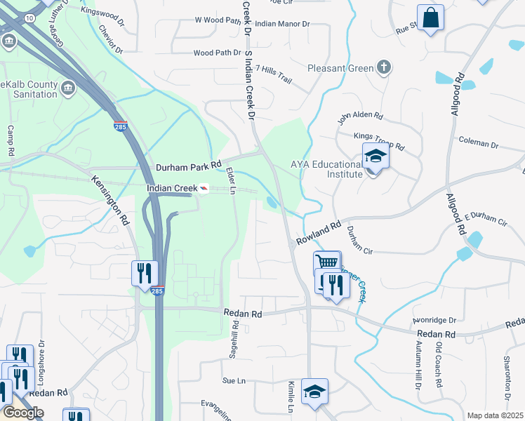 map of restaurants, bars, coffee shops, grocery stores, and more near 1015 Yemassee Trail in Stone Mountain