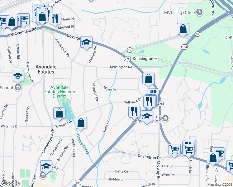 map of restaurants, bars, coffee shops, grocery stores, and more near 3239 Wynn Drive in Avondale Estates