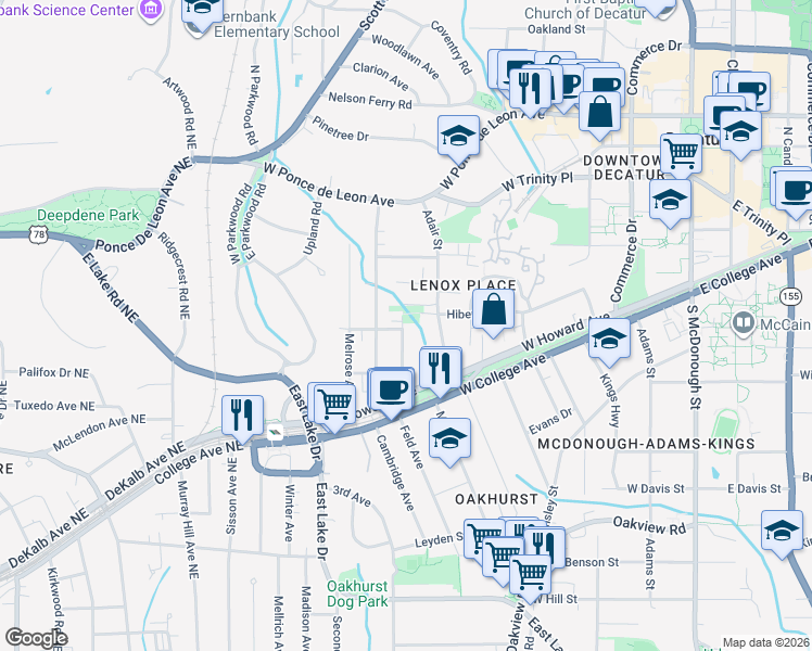 map of restaurants, bars, coffee shops, grocery stores, and more near 225 Lansdowne Avenue in Decatur