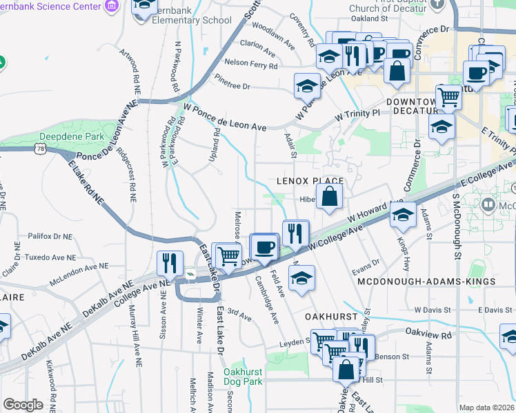 map of restaurants, bars, coffee shops, grocery stores, and more near 301 Drexel Avenue in Decatur
