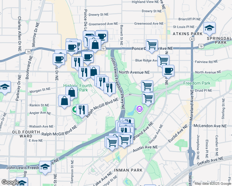map of restaurants, bars, coffee shops, grocery stores, and more near in Atlanta