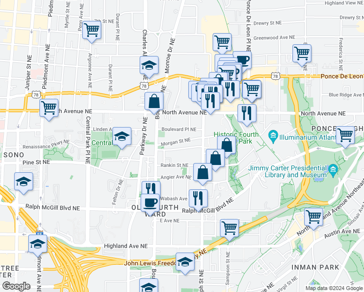 map of restaurants, bars, coffee shops, grocery stores, and more near 555 Winton Terrace Northeast in Atlanta