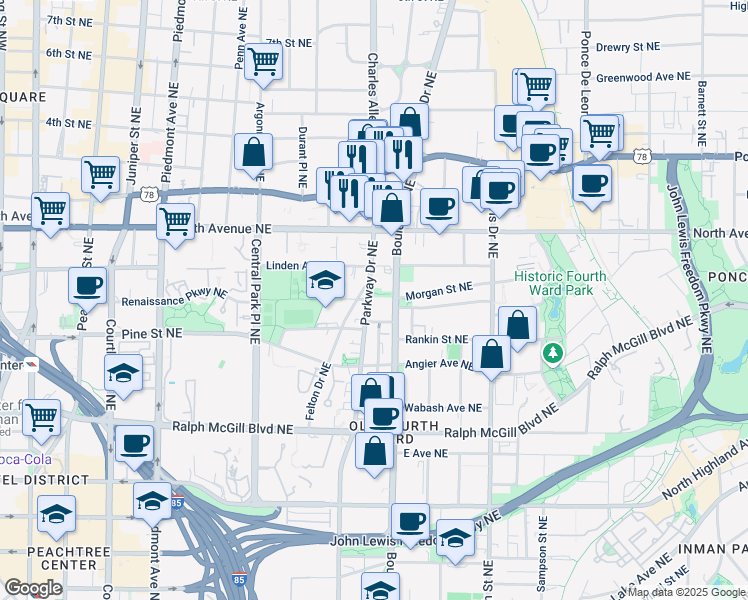 map of restaurants, bars, coffee shops, grocery stores, and more near 525 Parkway Drive Northeast in Atlanta
