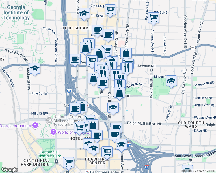map of restaurants, bars, coffee shops, grocery stores, and more near 489 Courtland Street Northeast in Atlanta