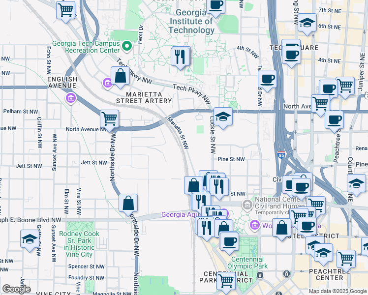 map of restaurants, bars, coffee shops, grocery stores, and more near 560 Marietta Street NorthWest in Atlanta