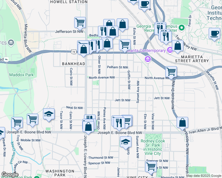 map of restaurants, bars, coffee shops, grocery stores, and more near 514 English Avenue Northwest in Atlanta