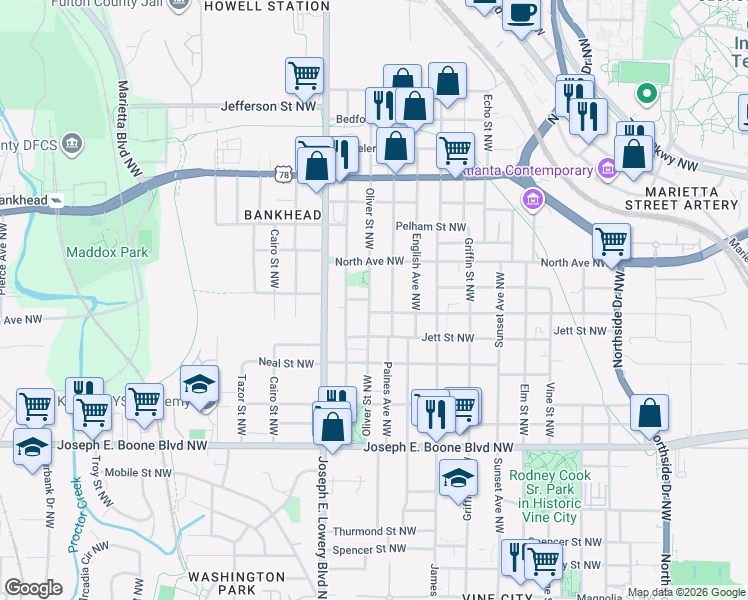 map of restaurants, bars, coffee shops, grocery stores, and more near 511 Oliver Street Northwest in Atlanta