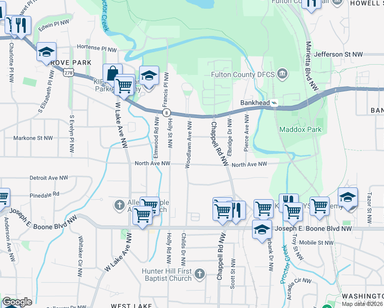 map of restaurants, bars, coffee shops, grocery stores, and more near 1490 North Avenue Northwest in Atlanta