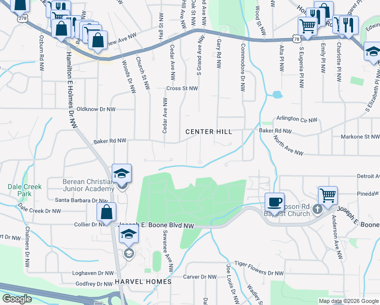 map of restaurants, bars, coffee shops, grocery stores, and more near 465 Center Hill Avenue Northwest in Atlanta