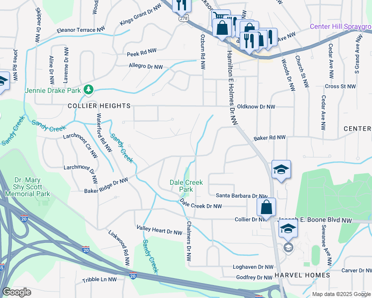 map of restaurants, bars, coffee shops, grocery stores, and more near 500 Collier Ridge Drive Northwest in Atlanta
