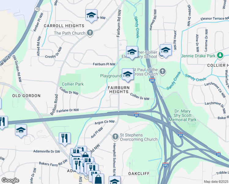 map of restaurants, bars, coffee shops, grocery stores, and more near 516 Fairlane Circle Northwest in Atlanta