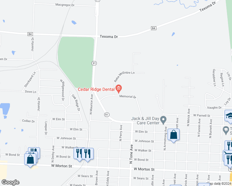map of restaurants, bars, coffee shops, grocery stores, and more near 100-1198 Memorial Dr in Denison