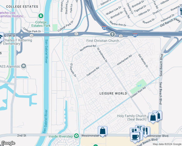 map of restaurants, bars, coffee shops, grocery stores, and more near 13381 Fairfield Lane in Seal Beach