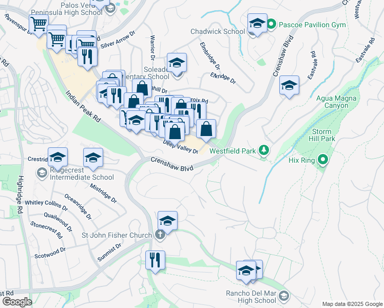 map of restaurants, bars, coffee shops, grocery stores, and more near 927 Deep Valley Drive in Rolling Hills Estates