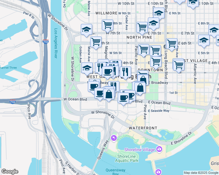 map of restaurants, bars, coffee shops, grocery stores, and more near 100 Magnolia Avenue in Long Beach