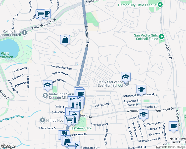 map of restaurants, bars, coffee shops, grocery stores, and more near 27723 Rosewood Lane in Los Angeles