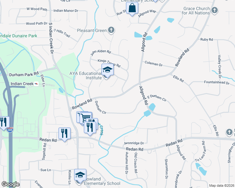 map of restaurants, bars, coffee shops, grocery stores, and more near 1099 Rowland Road in Stone Mountain