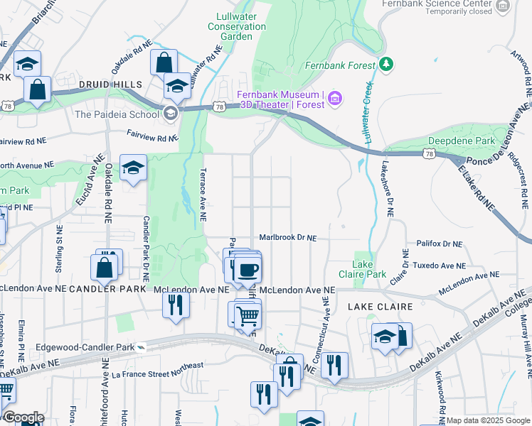 map of restaurants, bars, coffee shops, grocery stores, and more near 501 Hardendorf Avenue Northeast in Atlanta
