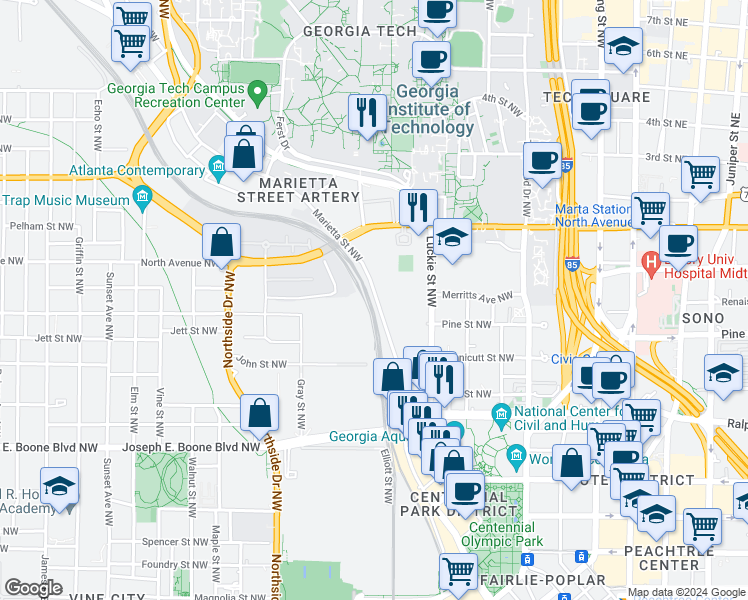 map of restaurants, bars, coffee shops, grocery stores, and more near 560 Marietta Street NorthWest in Atlanta