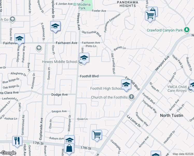 map of restaurants, bars, coffee shops, grocery stores, and more near 18921 Silver Maple Way in Santa Ana