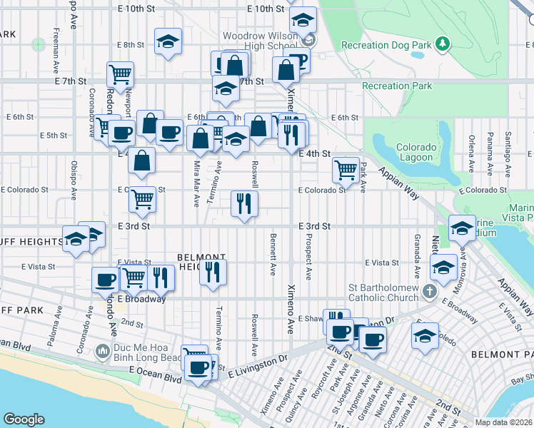 map of restaurants, bars, coffee shops, grocery stores, and more near 4224 East Massachusetts Street in Long Beach