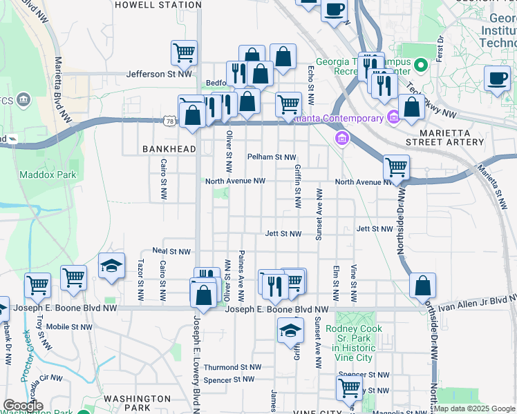 map of restaurants, bars, coffee shops, grocery stores, and more near 514 English Avenue Northwest in Atlanta