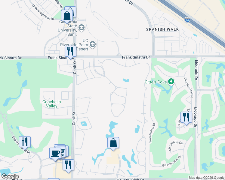 map of restaurants, bars, coffee shops, grocery stores, and more near 289 Vista Royale Circle West in Palm Desert