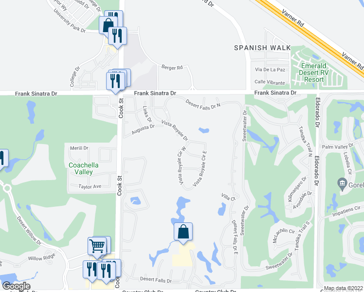 map of restaurants, bars, coffee shops, grocery stores, and more near 276 Vista Royale Circle East in Palm Desert