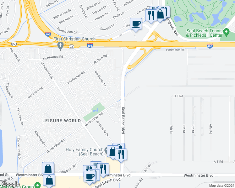 map of restaurants, bars, coffee shops, grocery stores, and more near 13360 Del Monte Drive in Seal Beach